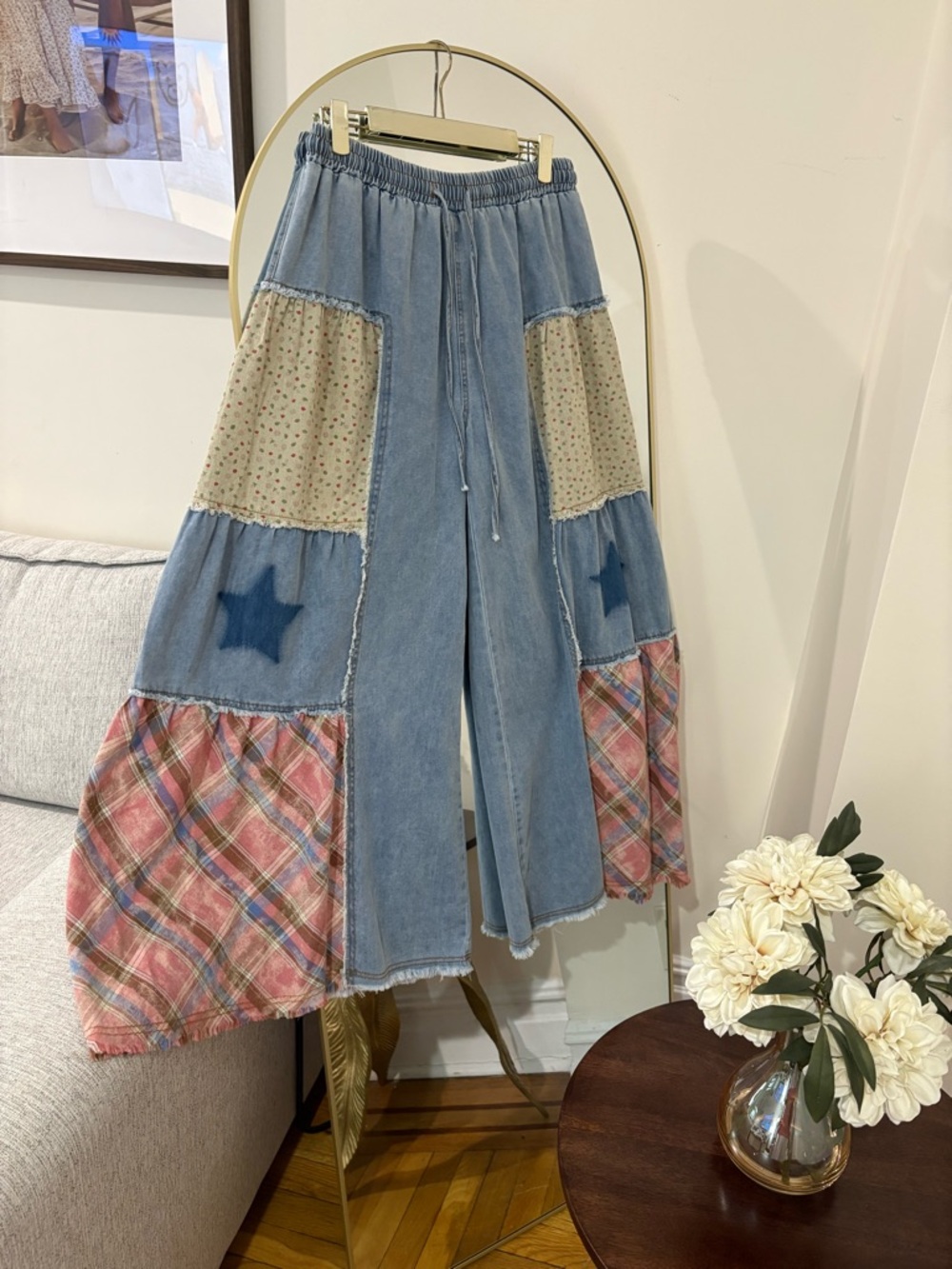 NWT POL LARGE Patchwork Wide-Leg Women’s Jeans in Light Blue Floral & Plaid - Picture 1 of 6